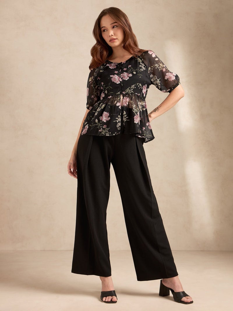 OUTZIDR Black Floral Printed Blouse - Image 3