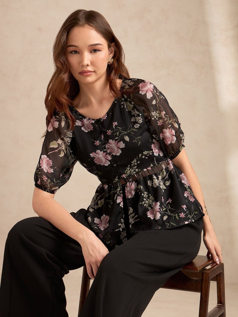 OUTZIDR Black Floral Printed Blouse - Image 4