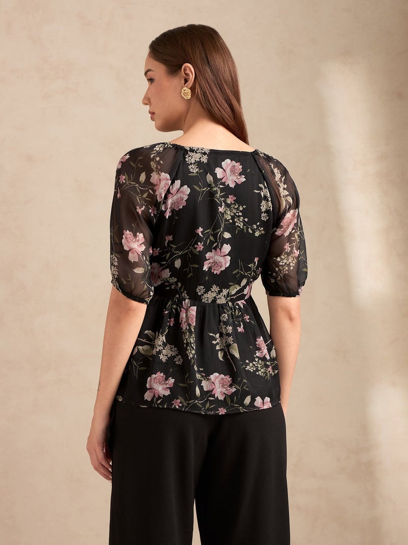 OUTZIDR Black Floral Printed Blouse - Image 5