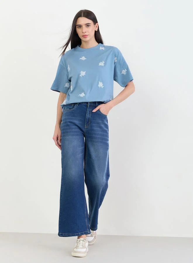 Styli Blue Oversized Rose Floral Embroidered 100% Cotton T- Shirt