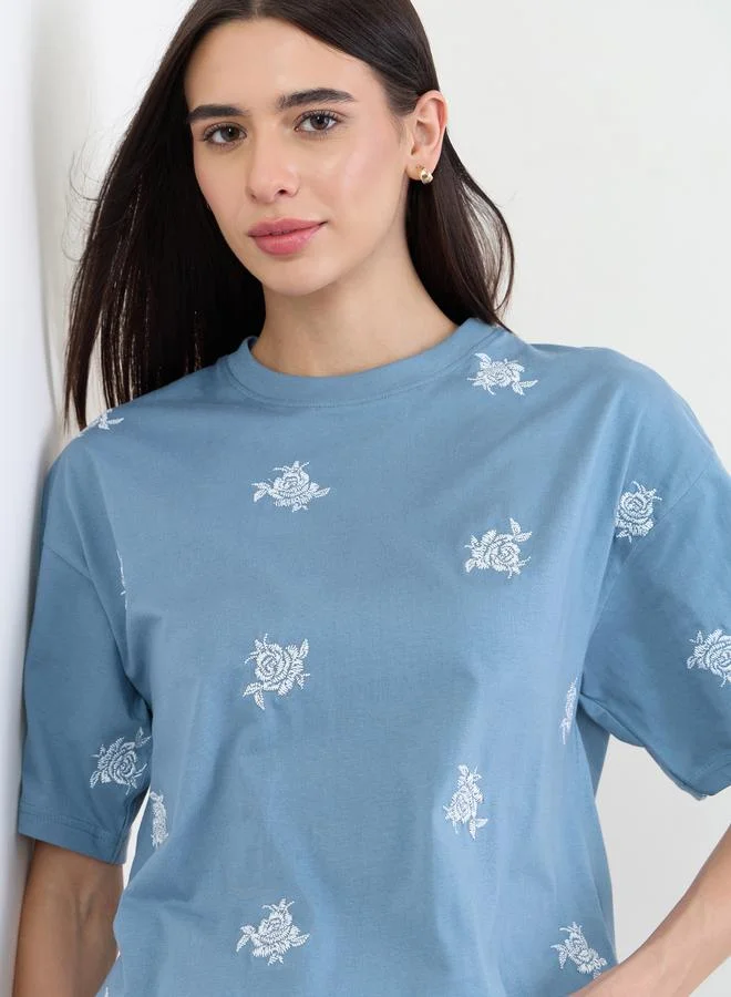 Styli Blue Oversized Rose Floral Embroidered 100% Cotton T- Shirt
