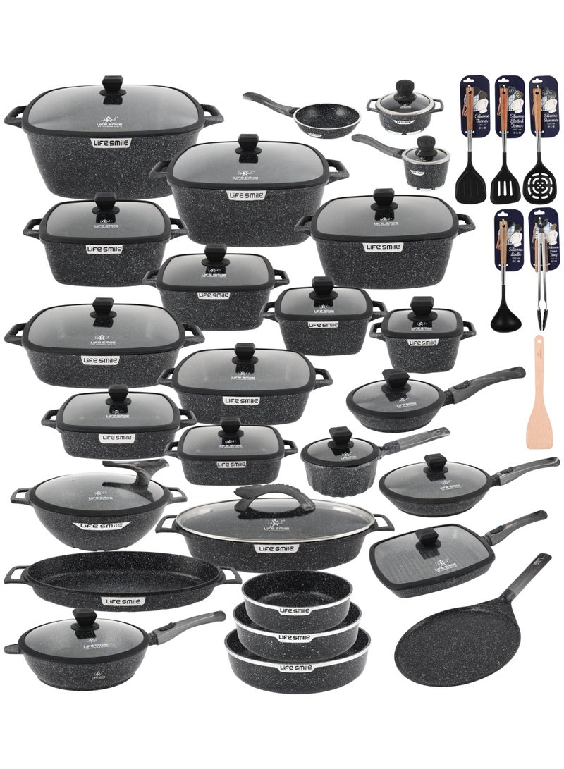 Life Smile Granite Nonstick Cookware Set with Silicone Utensils | Complete Pots & Pans Set with Soup Pots, Shallow Pots, Fry Pans, Wok, Grill Pan, Fish Pan, Pizza Pan & Cake Molds | PFOA-Free Induction Base Cookware - Image 1