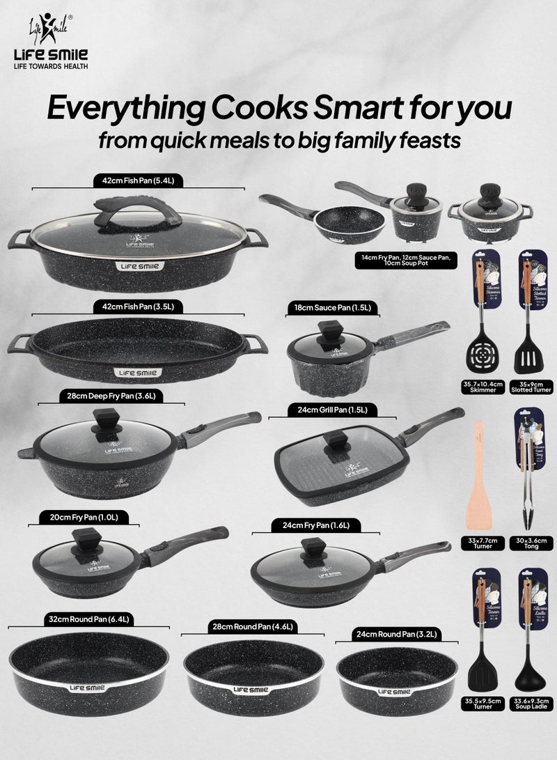Life Smile Granite Nonstick Cookware Set with Silicone Utensils | Complete Pots & Pans Set with Soup Pots, Shallow Pots, Fry Pans, Wok, Grill Pan, Fish Pan, Pizza Pan & Cake Molds | PFOA-Free Induction Base Cookware - Image 5
