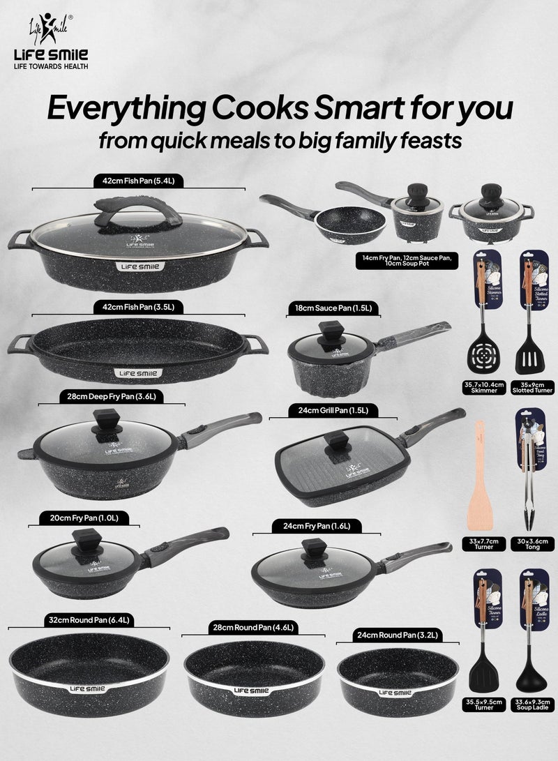 Life Smile Granite Nonstick Cookware Set with Silicone Utensils | Complete Pots & Pans Set with Soup Pots, Shallow Pots, Fry Pans, Wok, Grill Pan, Fish Pan, Pizza Pan & Cake Molds | PFOA-Free Induction Base Cookware - Image 2