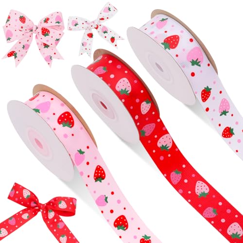 NEPOG Strawberry Ribbon Pastel Red Pink Strawberries Grosgrain Ribbon 3 Rolls 3 Patterns 1 inch x 15 Yards Each Roll 45 Yards TTL Fruits Ribbon for Spring Summer Wreaths Trims Gift Wrapping - Image 1