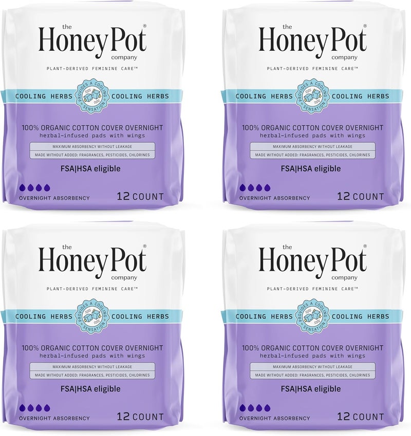 The Honey Pot Company - 48 ct - Herbal Pads for Women - Overnight w/Wings - Infused w/Essential Oils for Cooling Effect & Organic Cotton Cover - Feminine Care - FSA & HSA Eligible