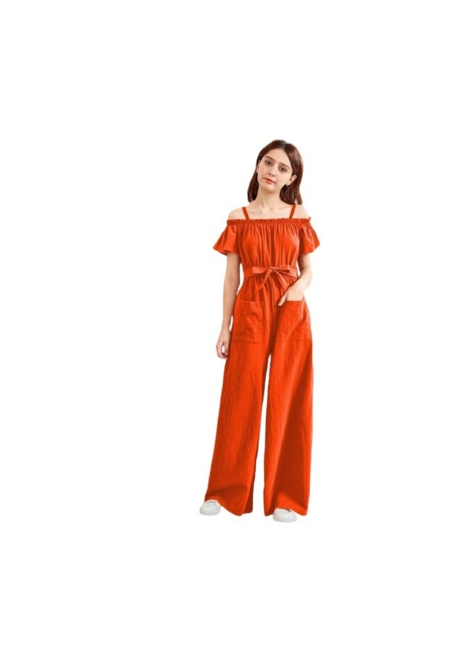Generic - Girls' jumpsuit, orange (material is Spanish linen), - Image 1