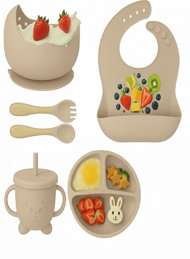 TRIVYOM Baby Feeding Set, 6 Pcs, BPA-Free Baby & Toddler Feeding Kit with, Suction Plates & Bowls Set, Self-Feeding Baby Spoons, Toddler Plates for Baby Utensils 6-12 Months,Tableware Set (Beige) - Image 1