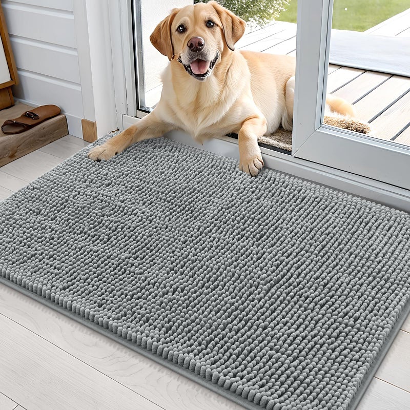 OLANLY Dog Door Mat for Muddy Paws 36x24, Absorbs Moisture and Dirt, Absorbent Non-Slip Washable Doormat, Quick Dry Chenille Mud Mat for Dogs, Entry Indoor Entryway Carpet for Inside Floor, Grey - Image 1