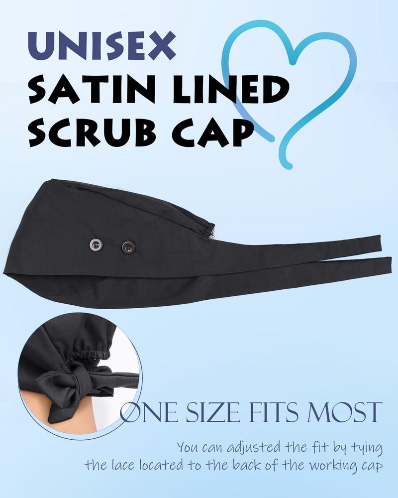 Hachapy Scrub Cap Men Satin Lined Nurse Hats for Women Scrub Mens Surgical Hats Silk Dental Surgeon Bonnet with 4 Buttons Fall Black - Image 4