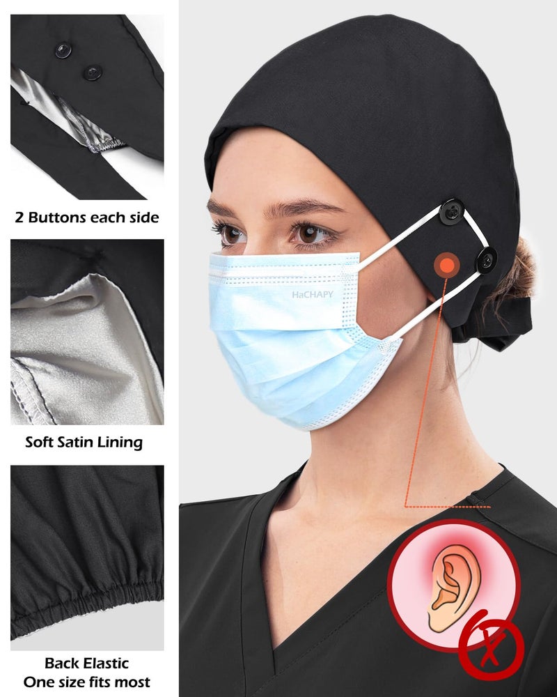 Hachapy Scrub Cap Men Satin Lined Nurse Hats for Women Scrub Mens Surgical Hats Silk Dental Surgeon Bonnet with 4 Buttons Fall Black - Image 5