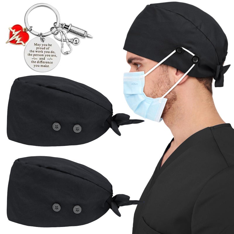 Hachapy Scrub Cap Men Satin Lined Nurse Hats for Women Scrub Mens Surgical Hats Silk Dental Surgeon Bonnet with 4 Buttons Fall Black - Image 1