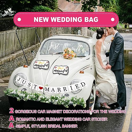 Vrasly 4 Pcs Just Married Wedding Car Decorations - Include Just Married Ornate Car Magnets 12x7, Just Married Car Wedding Day Car Window Decals 22.4x5, Just Married Sign Banner Car for Honeymoon Wedding - Image 5