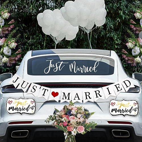 Vrasly 4 Pcs Just Married Wedding Car Decorations - Include Just Married Ornate Car Magnets 12x7, Just Married Car Wedding Day Car Window Decals 22.4x5, Just Married Sign Banner Car for Honeymoon Wedding - Image 1