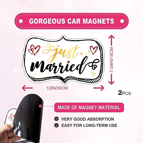 Vrasly 4 Pcs Just Married Wedding Car Decorations - Include Just Married Ornate Car Magnets 12x7, Just Married Car Wedding Day Car Window Decals 22.4x5, Just Married Sign Banner Car for Honeymoon Wedding - Image 2