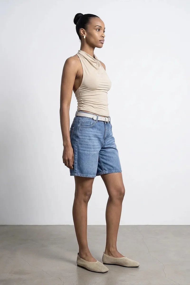 Dilvin Mid Blue Denim DILVIN High-Waist Wide-Leg Denim Shorts With Belt for Women | Best Price UAE