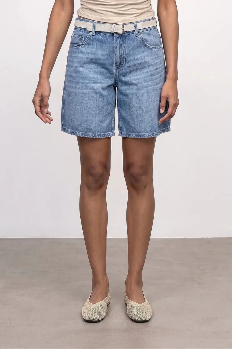 Dilvin Mid Blue Denim DILVIN High-Waist Wide-Leg Denim Shorts With Belt for Women | Best Price UAE