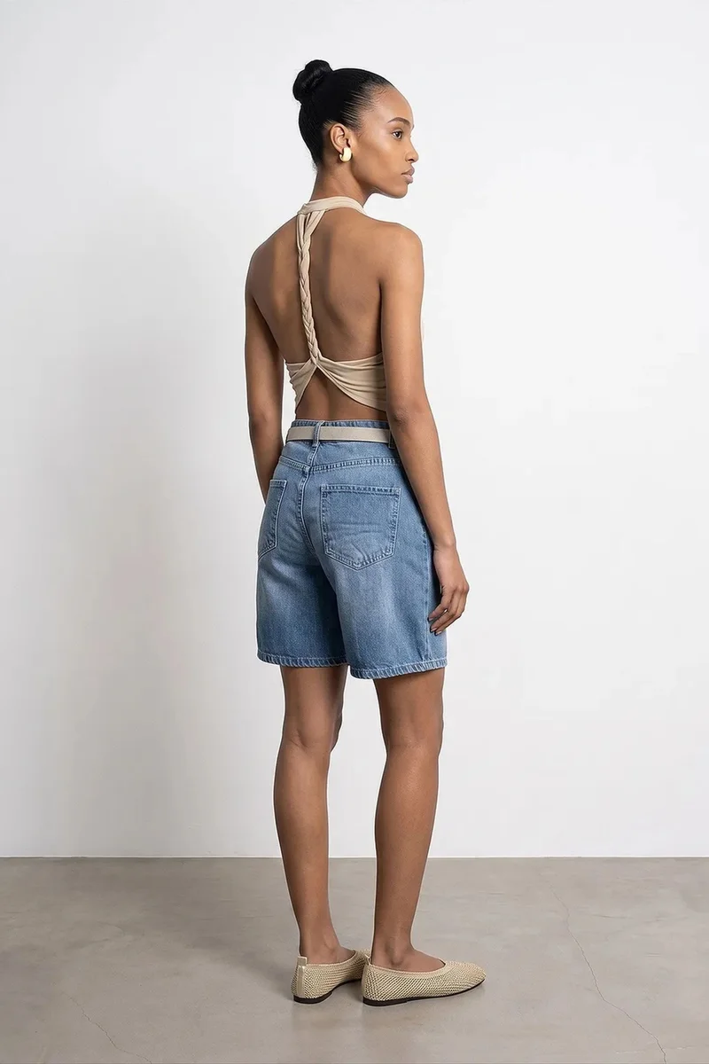 Dilvin Mid Blue Denim DILVIN High-Waist Wide-Leg Denim Shorts With Belt for Women | Best Price UAE
