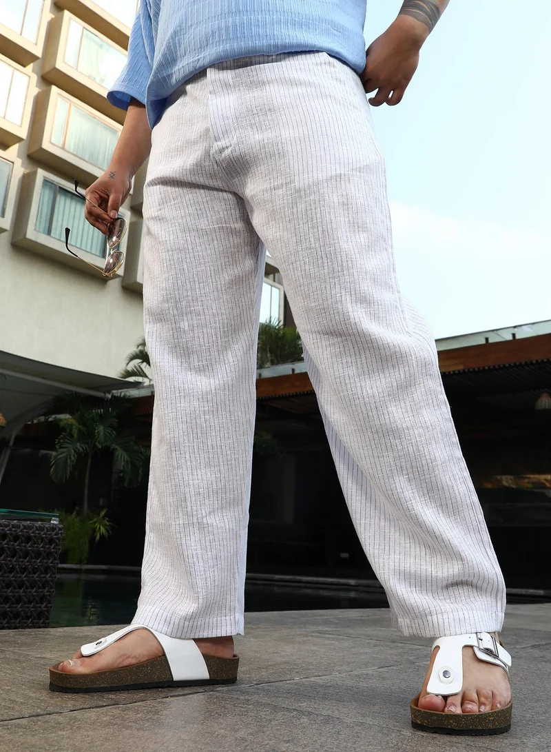 Instafab Plus Men's Cream White Pinstriped Casual Trousers For Casual Wear | Mid-Rise | Regular Fit | Button Closure | Plus Size Trousers Crafted With Comfort Fit For Everyday Wear