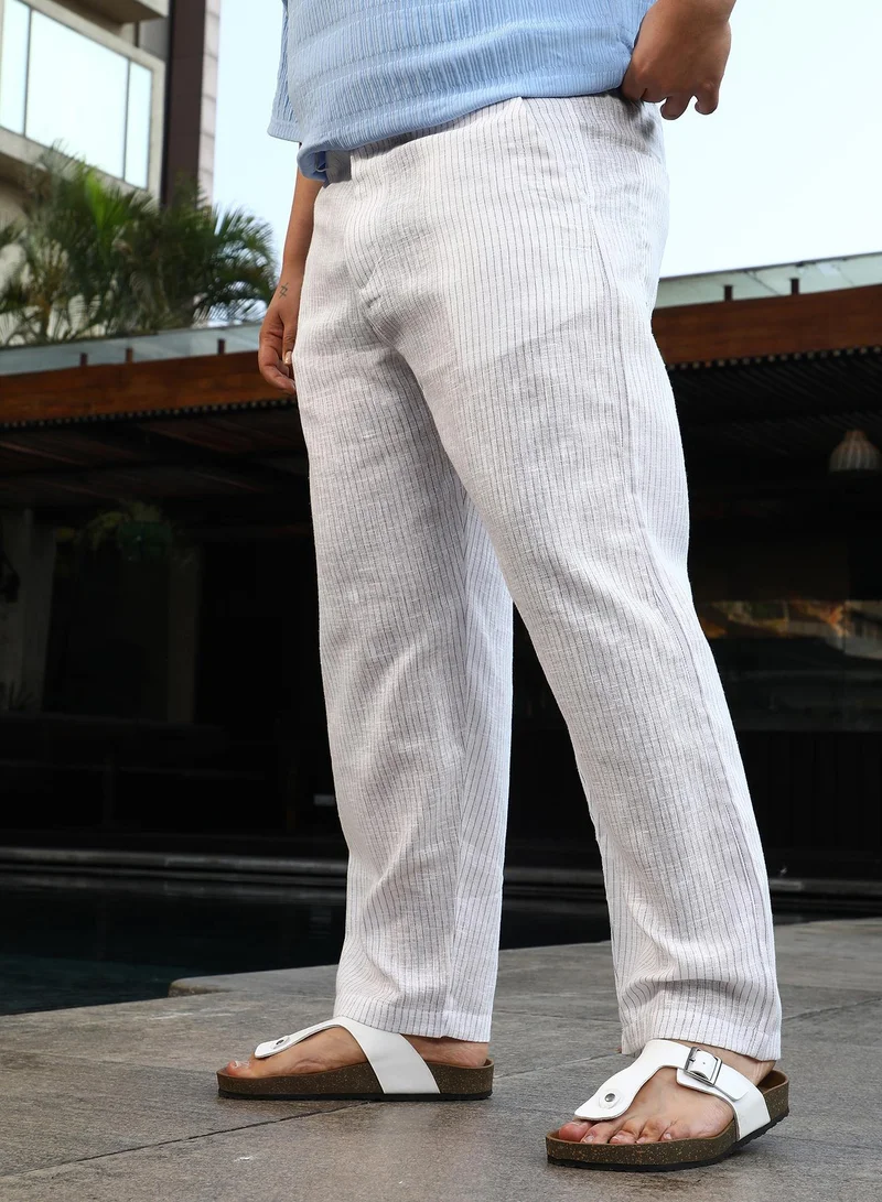 Instafab Plus  Men's Cream White Pinstriped Casual Trousers For Casual Wear | Mid-Rise | Regular Fit | Button Closure | Plus Size Trousers Crafted With Comfort Fit For Everyday Wear for Men | Best Price UAE