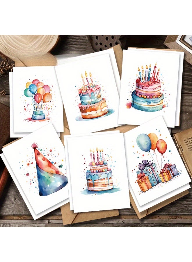 مجموعة من 12 بطاقة معايدة على شكل كعكة عيد ميلاد ملونة مع مظاريف - مثالية لأعياد الميلاد ورسائل الشكر والمناسبات الخاصة (فكرة هدية جمالية) - Image 1