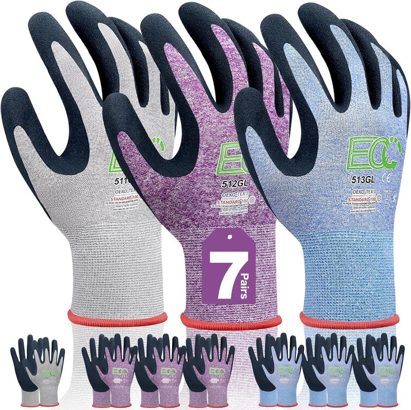 KANGLONGDA 7 Pairs Women Gardening Gloves, EN388 2131X Outdoor Protective Work Gloves with Breathable Micro-Foam Coating for Gardening, General Purpose, Courtyard, 3 Purple + 3Blue +1 Grey - Image 1