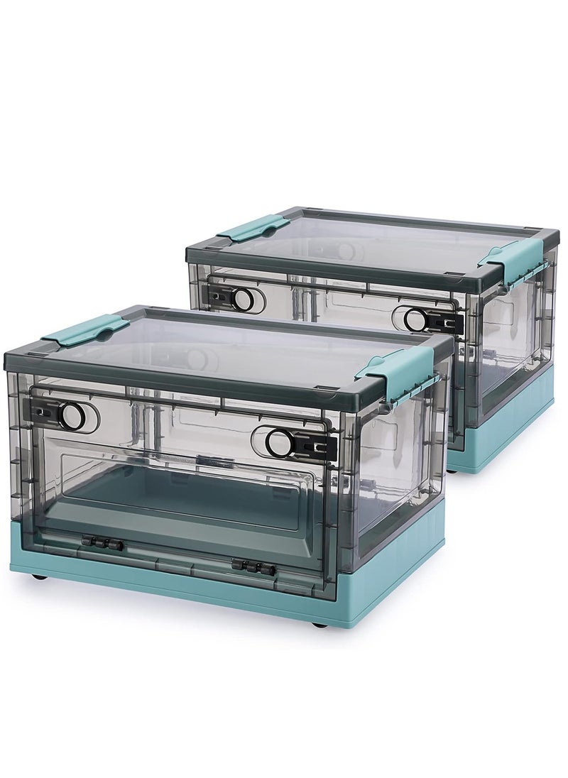 2 Pack 40L Clear Folding Storage Boxes, Plastic Storage Bins with Wheels and Double Side Doors, Stackable Organization Cube Box for Home and Office Organization