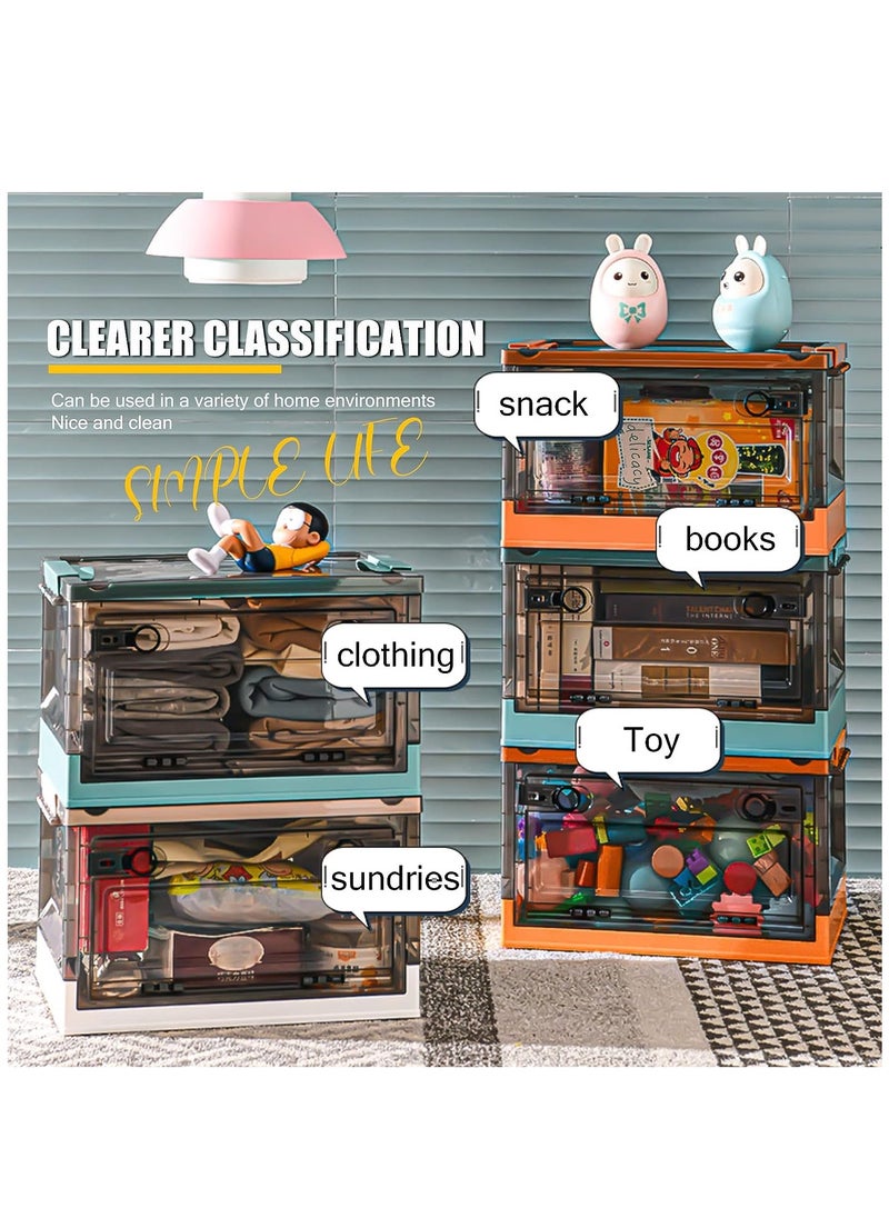 2 Pack 40L Clear Folding Storage Boxes, Plastic Storage Bins with Wheels and Double Side Doors, Stackable Organization Cube Box for Home and Office Organization