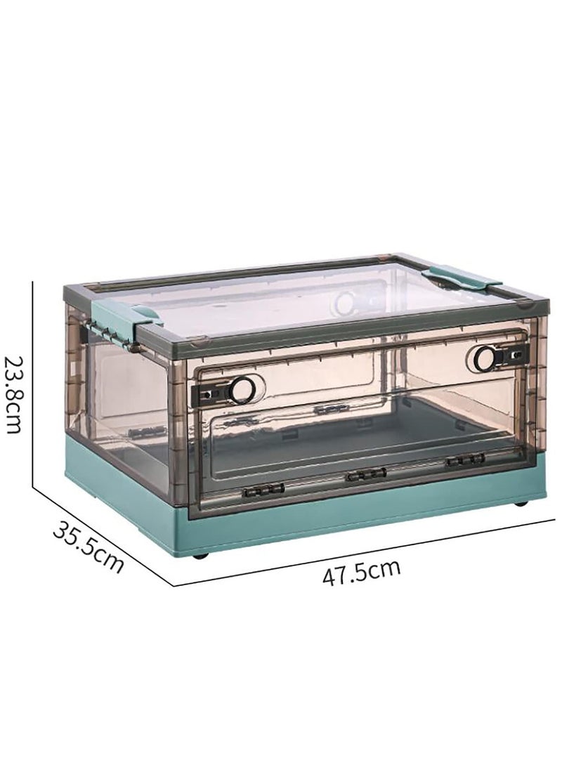 2 Pack 40L Clear Folding Storage Boxes, Plastic Storage Bins with Wheels and Double Side Doors, Stackable Organization Cube Box for Home and Office Organization