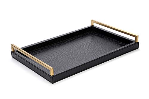 178X 118 Leather Ottoman Tray Big Serving Tray with Brushed Gold Handles for Bars Parties Dinning Decorative Tray for Modern Home Decor Bathroom Vanity Black