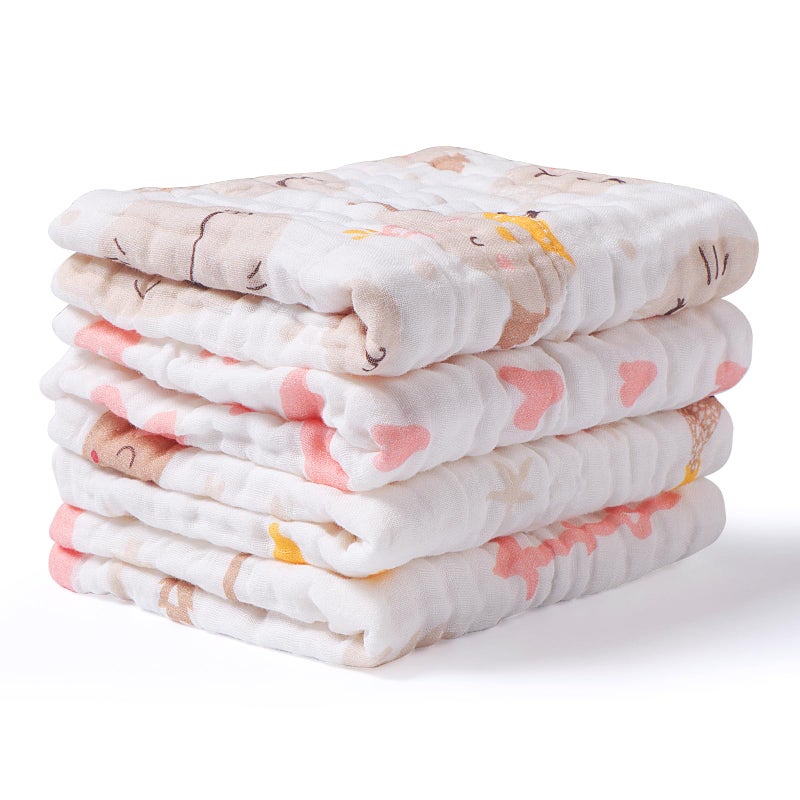 Viviland Baby Muslin Burp Cloths, 10 x 20 inches 6-Layer Baby Bath Towels, 100% Cotton Super Absorbent Washcloths for Baby Girl and Boy, Pink Heart & Star Pattern 4 Pack - Image 1
