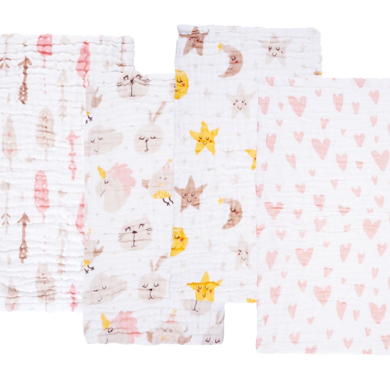 Viviland Baby Muslin Burp Cloths, 10 x 20 inches 6-Layer Baby Bath Towels, 100% Cotton Super Absorbent Washcloths for Baby Girl and Boy, Pink Heart & Star Pattern 4 Pack - Image 4