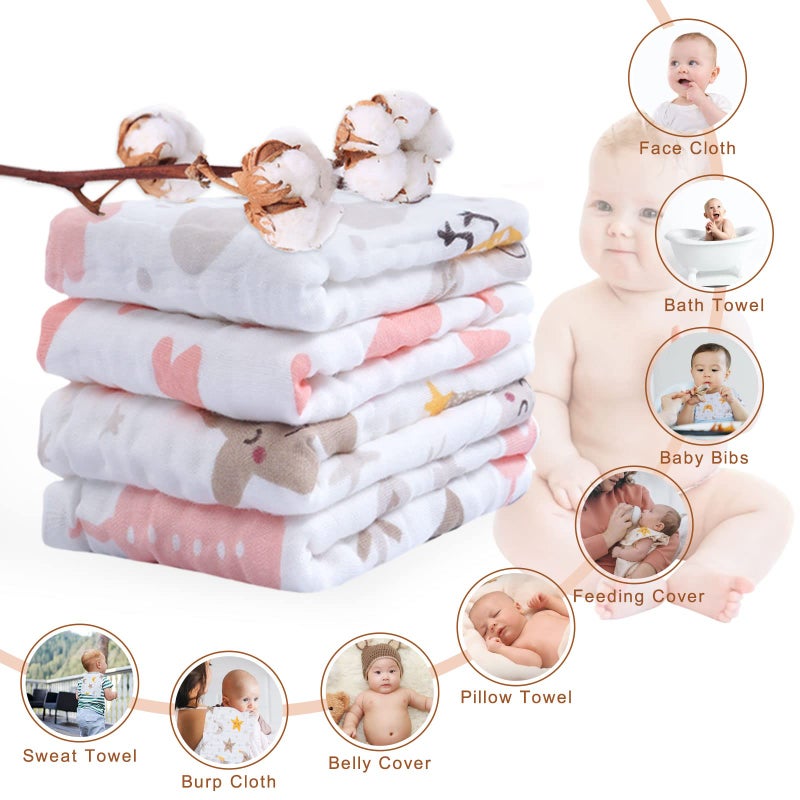 Viviland Baby Muslin Burp Cloths, 10 x 20 inches 6-Layer Baby Bath Towels, 100% Cotton Super Absorbent Washcloths for Baby Girl and Boy, Pink Heart & Star Pattern 4 Pack - Image 2