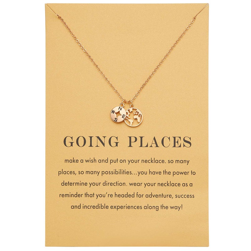 Zealmer Dainty Yellow Gold Plated Compass World Map Pendant Necklace Graduation Gift for Friends - Image 1