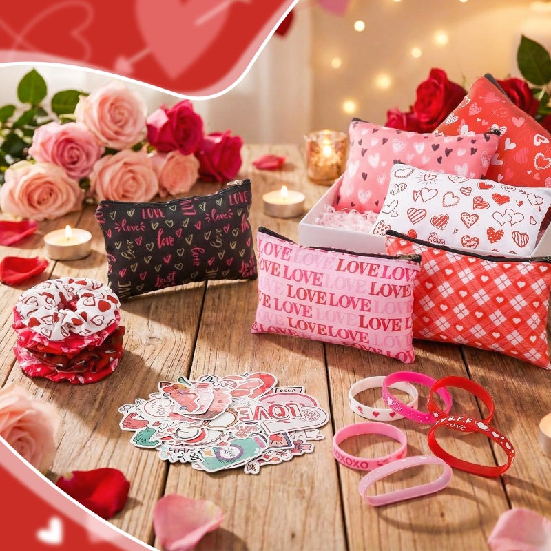 Capoda 84 Pcs Galentine's Day Gifts Valentine's Day Favors for Women Pink Heart Cosmetic Makeup Bags Silicone Bracelets Sweet Romantic Headbands Stickers for Girls Gift Galentine Ladies Party Supplies - Image 4