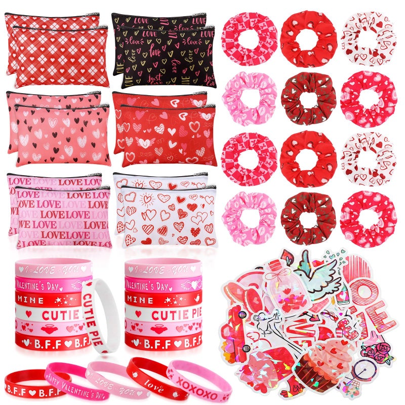 Capoda 84 Pcs Galentine's Day Gifts Valentine's Day Favors for Women Pink Heart Cosmetic Makeup Bags Silicone Bracelets Sweet Romantic Headbands Stickers for Girls Gift Galentine Ladies Party Supplies - Image 1