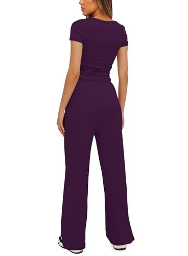 Darong Women's 2 Piece Outfits Lounge Sets Ruched Short Sleeve Tops and High Waisted Wide Leg Pants Tracksuit Sets 9042B Dark Purple M - Image 2