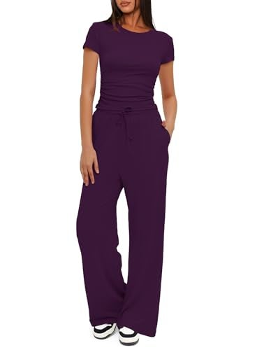 Darong Women's 2 Piece Outfits Lounge Sets Ruched Short Sleeve Tops and High Waisted Wide Leg Pants Tracksuit Sets 9042B Dark Purple M - Image 5