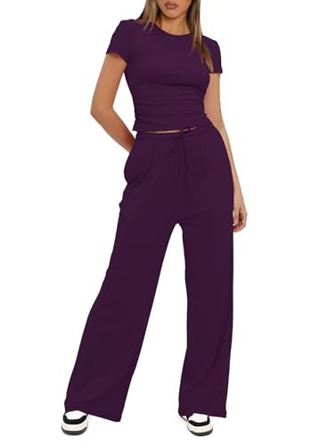 Darong Women's 2 Piece Outfits Lounge Sets Ruched Short Sleeve Tops and High Waisted Wide Leg Pants Tracksuit Sets 9042B Dark Purple M - Image 3