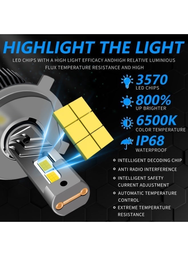 Two-piece H7 LED headlight bulb set, 65W 6500K 12000LM, high and low beam halogen bulb replacement, cool white light, plug and play, with cooling fan. - Image 4