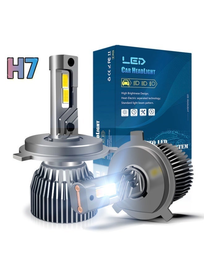 Two-piece H7 LED headlight bulb set, 65W 6500K 12000LM, high and low beam halogen bulb replacement, cool white light, plug and play, with cooling fan. - Image 1