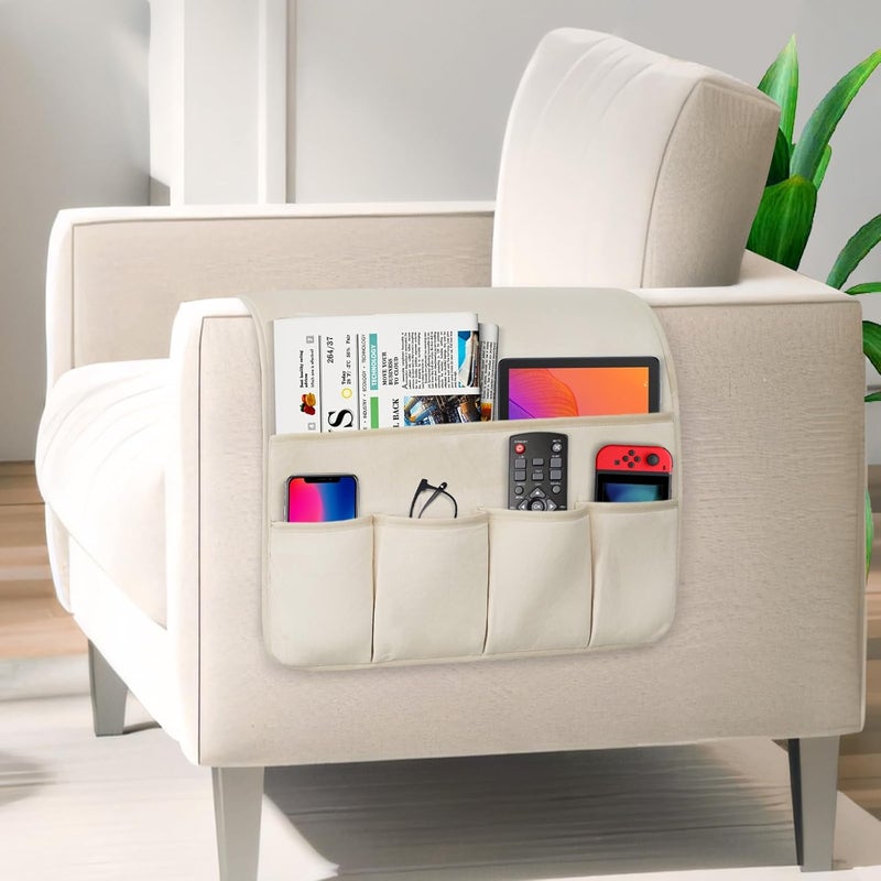 WETRBWEH Remote Control Holder for Armchair Caddy，Couch Caddy Organizer TV Remote Holder for Bed Storage 5 Pockets，Remote Caddy Bedside Organizer Bedside Table Organizer (Beige, 35''x18'') Scratch resistant - Image 2