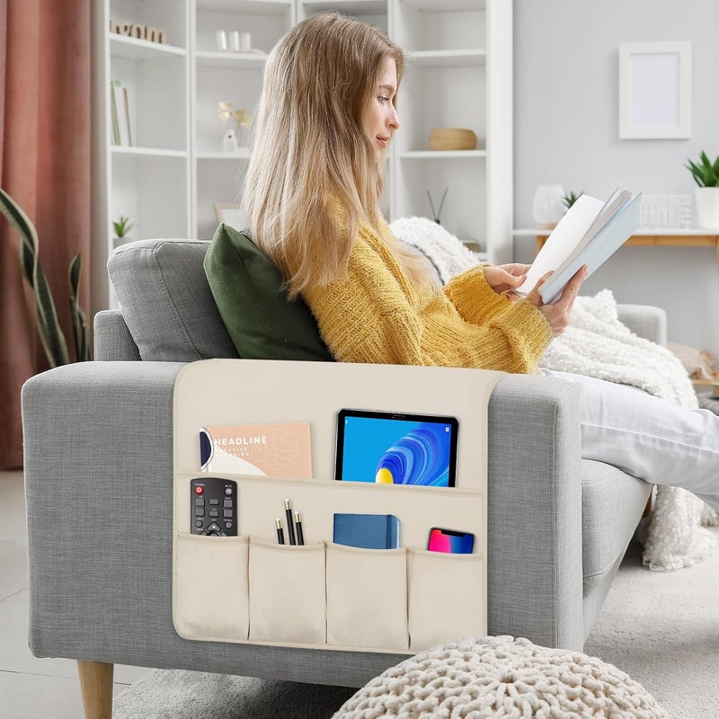 WETRBWEH Remote Control Holder for Armchair Caddy，Couch Caddy Organizer TV Remote Holder for Bed Storage 5 Pockets，Remote Caddy Bedside Organizer Bedside Table Organizer (Beige, 35''x18'') Scratch resistant - Image 3