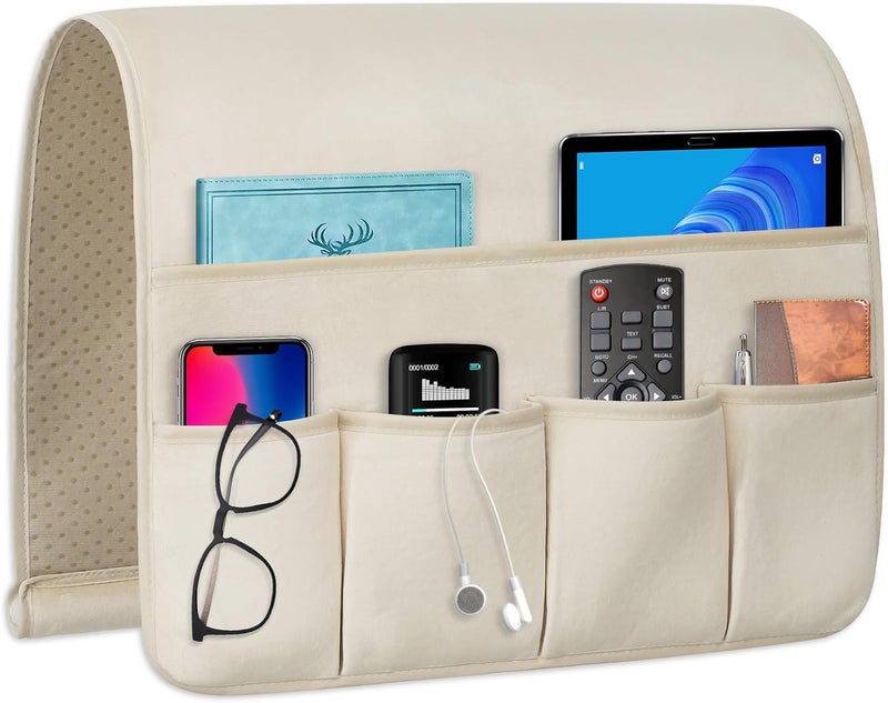 WETRBWEH Remote Control Holder for Armchair Caddy，Couch Caddy Organizer TV Remote Holder for Bed Storage 5 Pockets，Remote Caddy Bedside Organizer Bedside Table Organizer (Beige, 35''x18'') Scratch resistant - Image 1