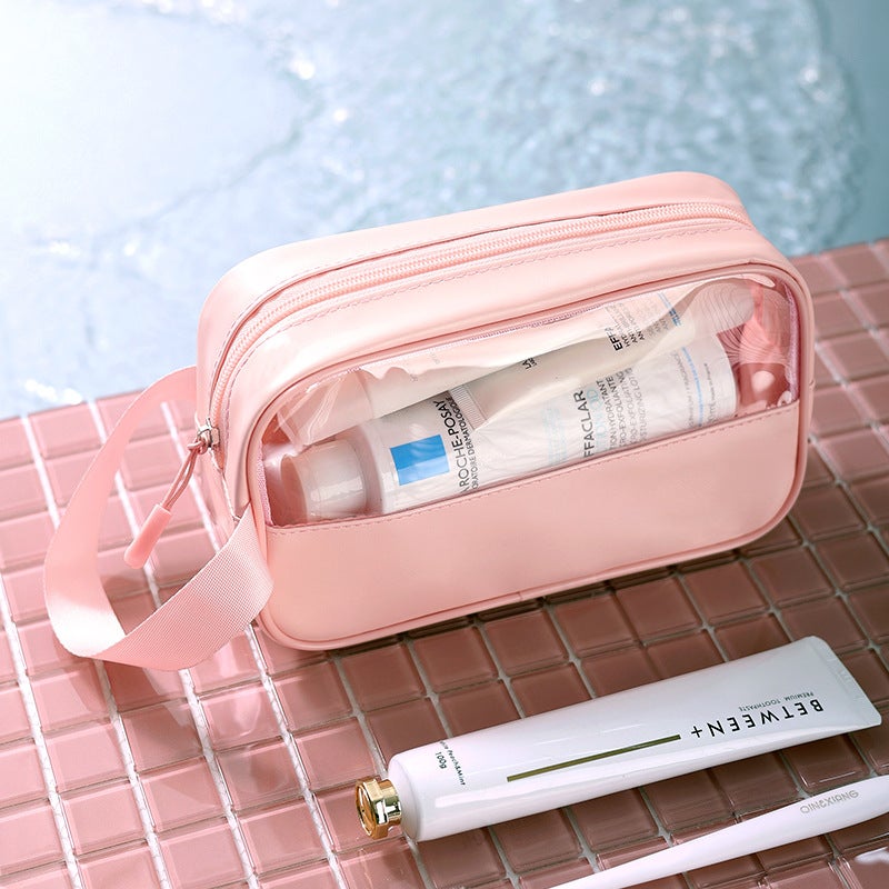 New transparent stitching pvc storage bag portable pu bath bag cosmetic bag portable waterproof large capacity wash bag - Image 4