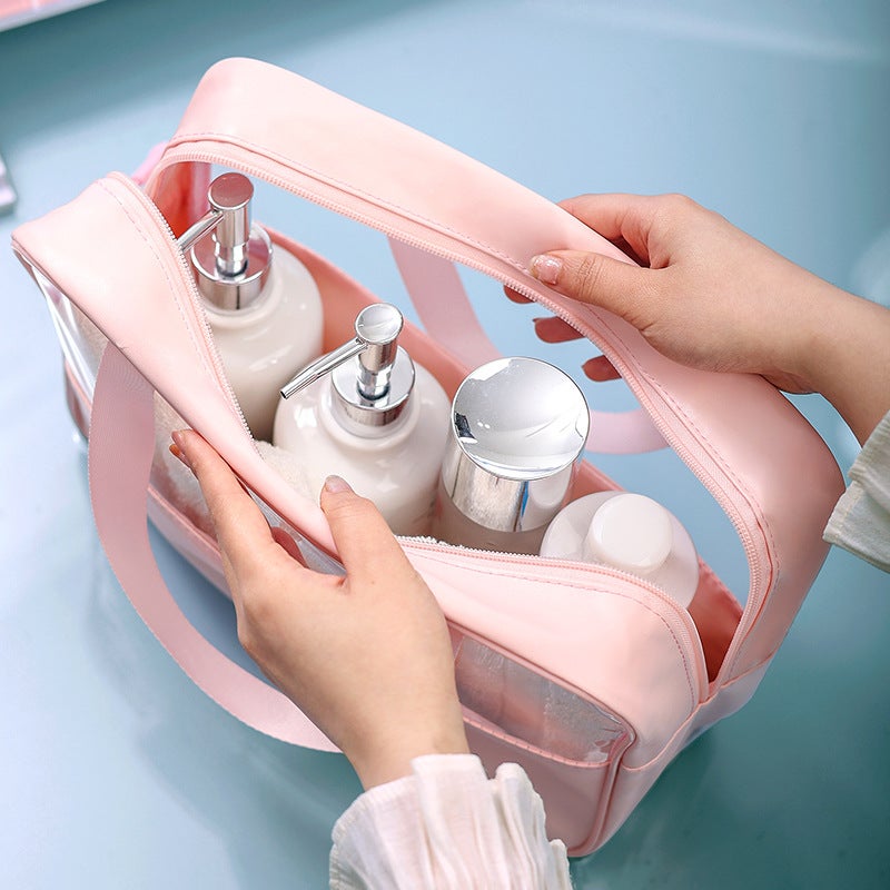 New transparent stitching pvc storage bag portable pu bath bag cosmetic bag portable waterproof large capacity wash bag - Image 3