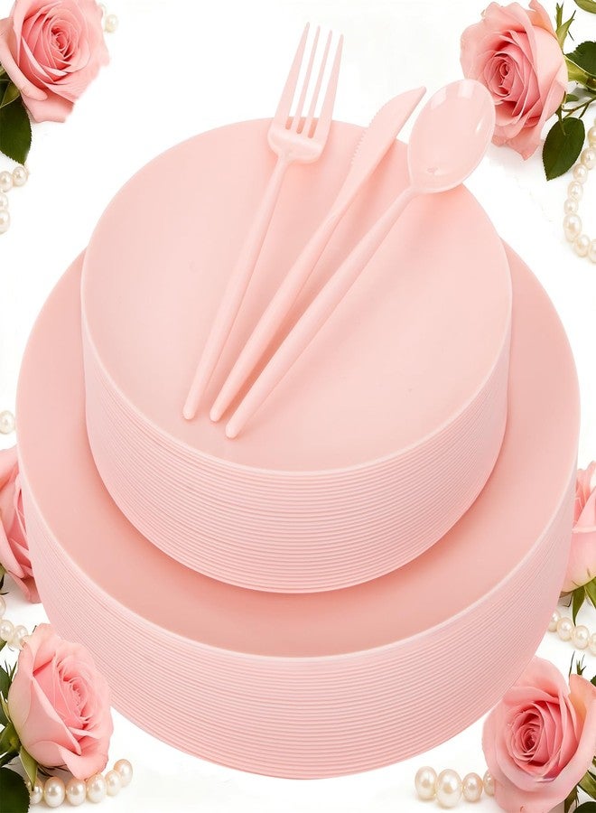 ejonirinjonir EI 150pcs Pink Plastic Plates Pink Disposable Heavy Duty Plastic Plates for Party Dinnerware Set Pink Plastic Silverware for Party Wedding Afternoon Tea,Spring,Mother's Day,Valentine's Day,Easter - Image 1