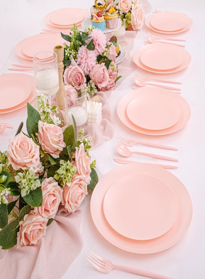 ejonirinjonir EI 150pcs Pink Plastic Plates Pink Disposable Heavy Duty Plastic Plates for Party Dinnerware Set Pink Plastic Silverware for Party Wedding Afternoon Tea,Spring,Mother's Day,Valentine's Day,Easter - Image 3