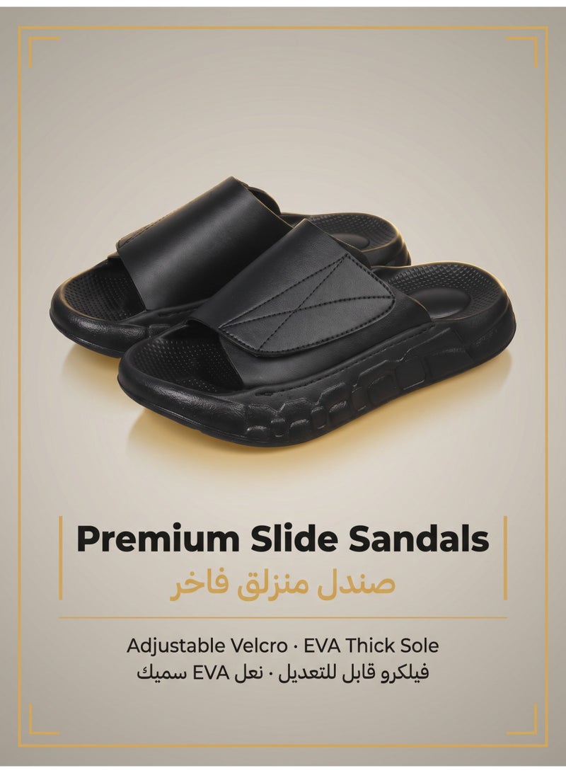 Frostvolt Men's Velcro Adjustable Slide Sandals — PU Leather Upper + Cushion EVA Thick Sole | 3 Colors (Classic Black / Desert Camel / Midnight Navy) | Sizes 39–45 - Image 1