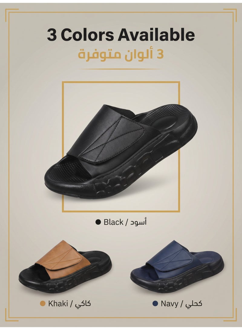 Frostvolt Men's Velcro Adjustable Slide Sandals — PU Leather Upper + Cushion EVA Thick Sole | 3 Colors (Classic Black / Desert Camel / Midnight Navy) | Sizes 39–45 - Image 4